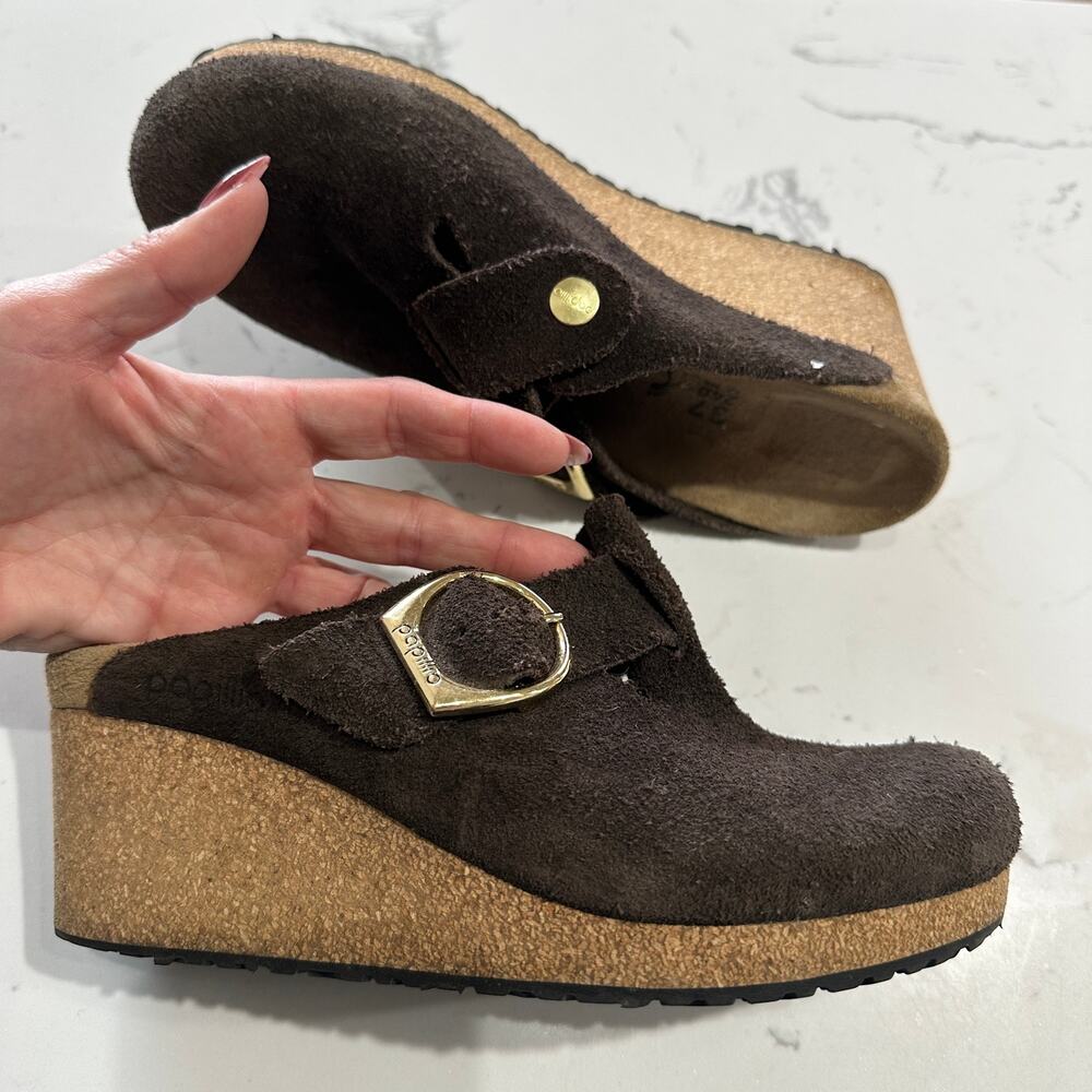 Birkenstock Papillio Fanny Brown Suede Wedge Clogs Mules Women's EU 37 US 6.5